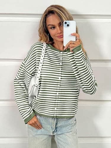 Saodimallsu Womens Striped Cardigan Casual Long Sleeve Open Front Button Down Loose Knit Lightweight Fall Sweaters thumbnail 5