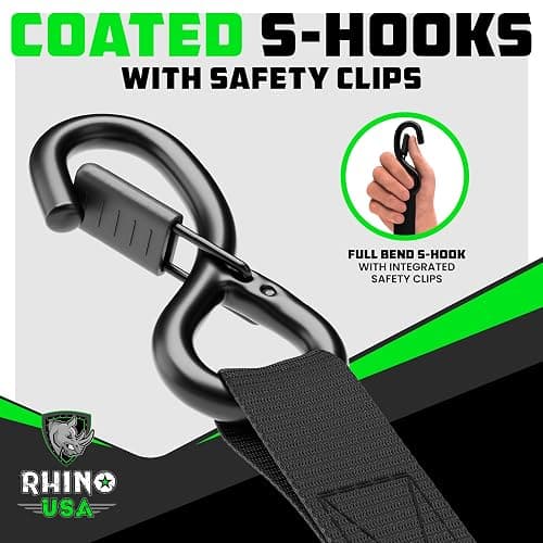 Rhino USA Ratchet Straps Tie Downs (4-Pack) - 1 Inch x 15 Feet (1,823lb Break Strength) - Ultimate Tie Down Straps with Safety S Hooks - for Trucks, Cargo, Moving, Appliances - Black thumbnail 5