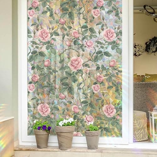JOONOR Sichtschutzfolie mit rosafarbenen Rosen, 3D-Buntglas-Rose, Regenbogen-Fensteraufkleber, Nicht klebend, statisch haftend für Zuhause, Büro, 42 x 100 cm thumbnail 4