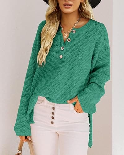 Saodimallsu Womens Oversized Sweaters Long Sleeve V Neck Knit Pullover | Batwing Long Sleeve, Oversized Sweaters, Loose Pullover, V Neck, Button Henley Tops, Winter Pullover, Knit Jumper thumbnail 2