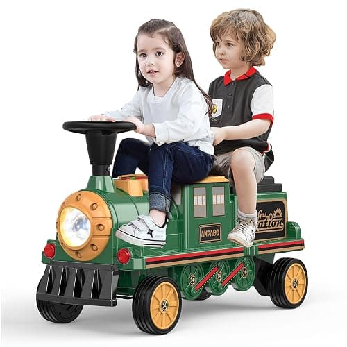 ANPABO 2-Seater Ride On Train Trackless, 12V Kids Car with Height-Adjustable Seat, Extra Storage, Headlight, Train Whistle & Music, Electric Car for Kids 3+ (Carriage Not Included), Green - Image 1