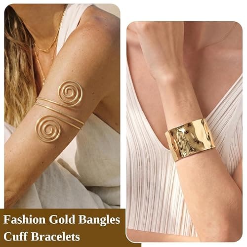 KICOSY 6PCS Gold Bangles Cuffs for Women, Boho Adjustbale Gold Accessories | Chunky Gold Bangles and Arm Cuffs for Prom, Beach, Costumes Party thumbnail 6