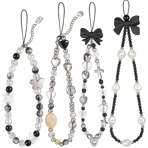 Draupnir 4pcs Phone Charms Strap, Butterfly Bow Camera Strap Wrist Beaded Phone Bracelet Wrist Straps, Pearl Bracelet Lanyard Keychain Charm for Women - Image 1