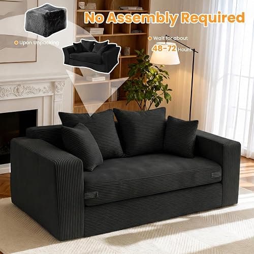 55" Small Boneless Couch, 3-in-1 Boneless Loveseat Sleeper Sofa Bed Convertible Sofa Bed with 4 Pillows, Black Corduroy Boneless Couch for Living Room, Guest Room, Small Space, No Assembly Required thumbnail 8