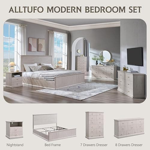 ALLTUFO Modern 8 Drawers Dresser for Bedroom, 55" Wide Wood Dressers & Chests of Drawers w/Curved Waterfall Edge, Large Storage Dressers Organizer w/Metal Handle for Bedroom, Cream thumbnail 7