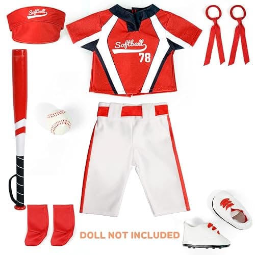 ARTST Softball Uniform Doll Outfit-American 18 inch Doll Clothes and Accessories Set Including Hat Red Baseball Clothing Bat Shoes Socks and Hairbow,Gifts for Girls&Boys(NO Doll) thumbnail 3