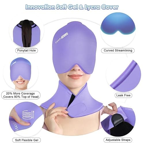 ComfiTECH Cold Cap and Neck Ice Pack Wrap Gel Combo, Care Package for Head and Cervical, Lavender thumbnail 4