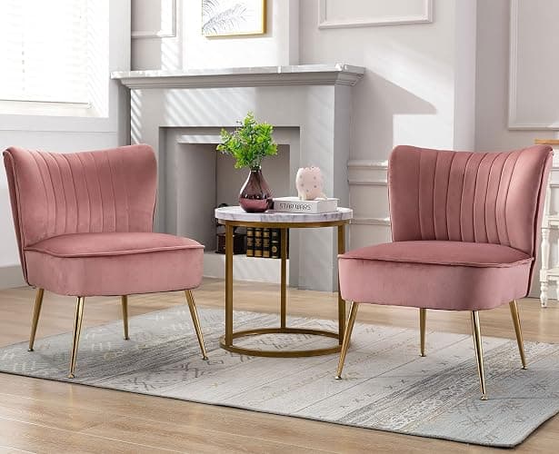 Shunzhi Pink Velvet Accent Chairs Set of 2 with Golden Legs Upholstered Side Chairs Mid-Century Modern Slipper Chairs for Guest Room Comfy Armless Wingback Corner Single Sofa Living Room Chairs thumbnail 7