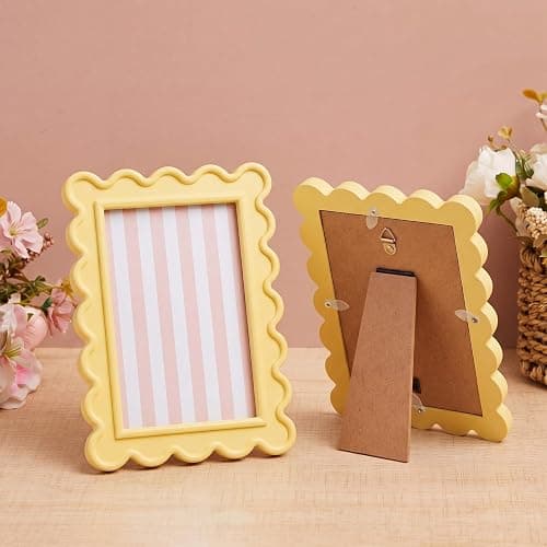 AceOrbit 4x6 Inches Light Yellow Flower Wavy Scalloped Picture Frame Cute Wavy Edge Wooden Real Glass Photo Frame for Desktop Display Home Decor Family Friends Wedding Graduation Gifts thumbnail 2