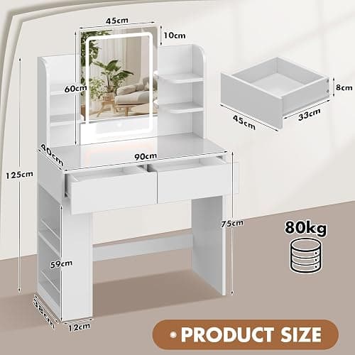 Devoko Dressing Table with LED Lighting Mirror,3 Light Colors,Adjustable Brightness,Vanity Table,Makeup Desk with 2 Drawers and 4 Storage Shelves, 90 x 40 x 135 cm, Modern White thumbnail 2
