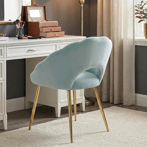 Modern Vanity Chair, Living Room Chair with Gold Metal Legs,Velvet Dining Chair, Comfy Accent Chair for Makeup Room, Waiting Room, Dressing Room, Bedroom, Dining Room, Home Office (1, Blue-green) thumbnail 6