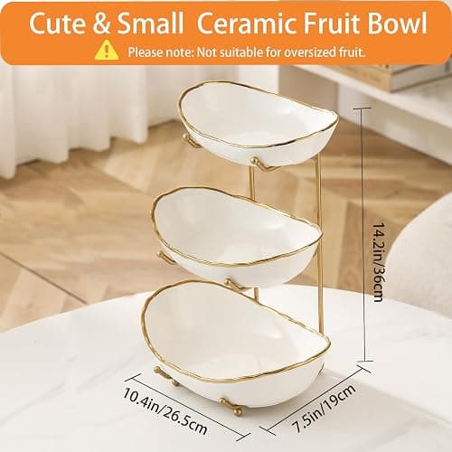 HOMKULA Ceramic Fruit Bowl for Kitchen Counter - 3 Tier Fruit Basket with Metal Stand, Tiered Fruit Stand for Countertop, Snack, Nuts, Cake, Dessert, Small & Cute (Gold-rimmed) thumbnail 3
