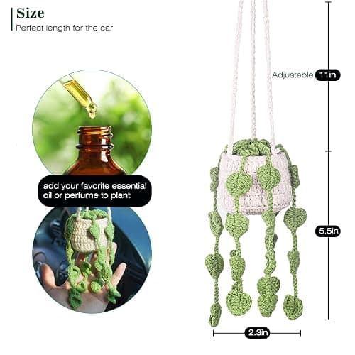 Cute Crochet Plant for Rear View Mirror, Boho Handmade Car Mirror Hanging Accessory for Women & Girls, Green Interior Aesthetic Decor Truck Hanger Ornament Charm thumbnail 3