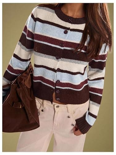 RoseSeek Women's Striped Color Block Cropped Cardigan Button Down Long Sleeve Old Money Sweaters thumbnail 3