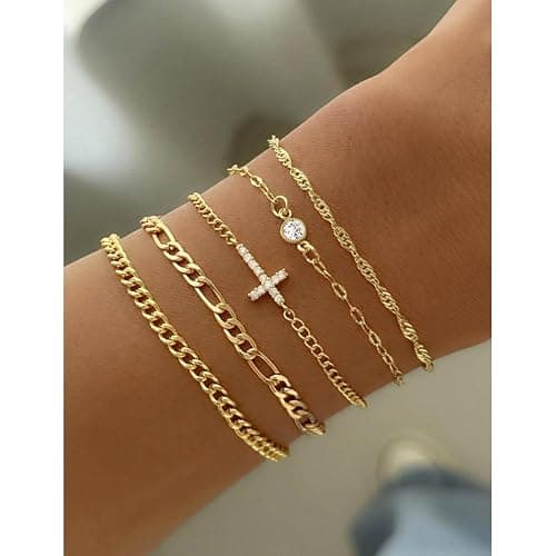 Gold Bracelets for Women Non Tarnish, Waterproof 16K Gold Plated Dainty Stackable Thin Chain Bracelet Set Cubic Zirconia Trendy Jewelry Gifts for Women thumbnail 2