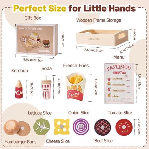 Smartwo Cibo Giocattolo per Bambini, Set di Legno per Hamburger e Patatine Fritte, Fast Food Playset, Alimenti Finto, Accessori Cucinetta, Giochi in Cucina per 2 3 4 5 6 Anni, Regalo Bambino thumbnail 6