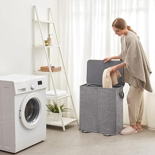 Lifewit Double Laundry Hamper with Lid and Removable Laundry Bags, Large Collapsible 2 Dividers Dirty Clothes Basket with Handles for Bedroom, Laundry Room, Closet, Bathroom, College, 136L Gray thumbnail 2