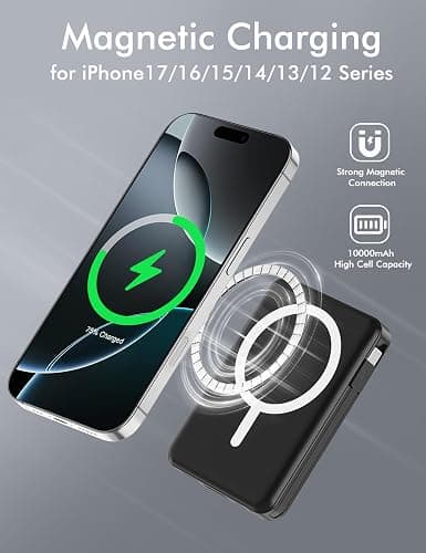 podoru for Magsafe Battery Pack, 10000mAh Magnetic Power Bank Built-in Double USB C Cables 20W PD Fast Charging LED Display Wireless Portable Charger for iPhone 17/16/15/14/13/12 Series-Black thumbnail 5