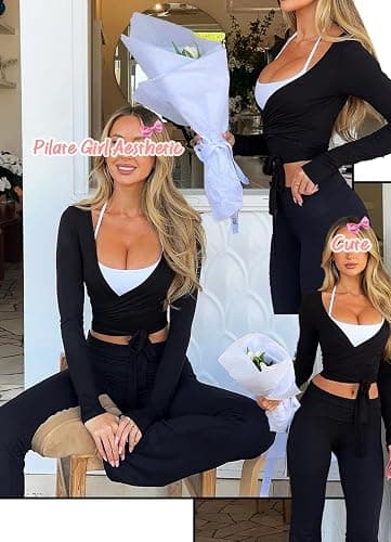 Navneet Women Pilates Wrap Top Ballet Yoga Tops Cute Going Out Top Y2K Low Cut Long Sleeve Tops Tie Up Bolero Cardigans Fall thumbnail 2