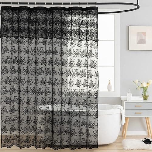 TUDECO Black Lace Shower Curtain with Valance, Gothic Style, 72 x 72 Inch | Halloween Bathroom Curtain, Moody Witchy Victorian Decor, Dark Vintage Floral, Soft Light Filtering, Scalloped Edges - Image 1