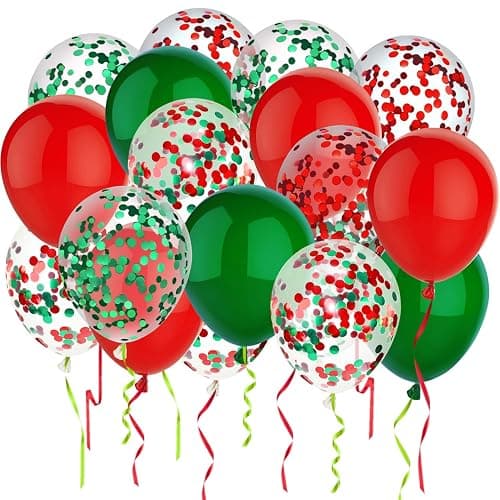 PheiLa 50 Pcs 12 Inch Red and Green Confetti Balloons Christmas Balloons with Ribbons Christmas Party Decorations for Xmas Color Themed Party New Year Baby Shower Birthday Party Supplies - Image 1