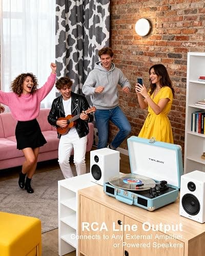 Bluetooth Suitcase Record Player with Built‑in Speakers, Bass & Treble Control, 3‑Speed Belt‑Drive Turntable with Auto‑Stop, RCA & AUX Output, Portable Vinyl Player for 33 45 78RPM LPs thumbnail 9