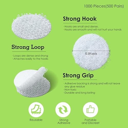 1000 Pcs | 500 Pairs | 0.59inch Diameter | 100% Nylon | Hook and Loop Fastener Self Adhesive Strong Round Circle Sticky Sticker Dots for Arts and Crafts School Classroom Home and Office Use, White thumbnail 4