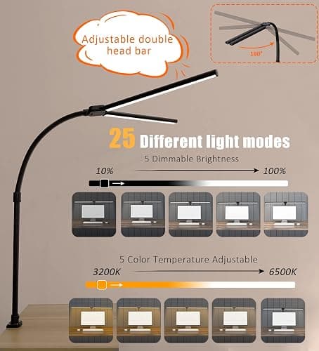 Ksunun Double Head LED Desk Lamp, Architect Desk Lamps for Home Office, 24W Brightest Workbench Office Lighting-5 Color Modes and 5 Dimmable Eye Protection Modern Desk Lamp for Monitor Reading thumbnail 5