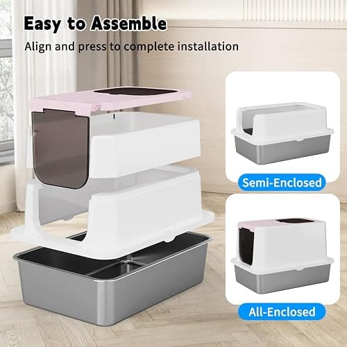 RIZZARI Enclosed Cat Litter Box: Pink Stainless Steel Odorless Litter Box with Top Holes - Anti Leakage - Large Litter Pan for Small to Large Sized Cats in Living Room Garage thumbnail 5