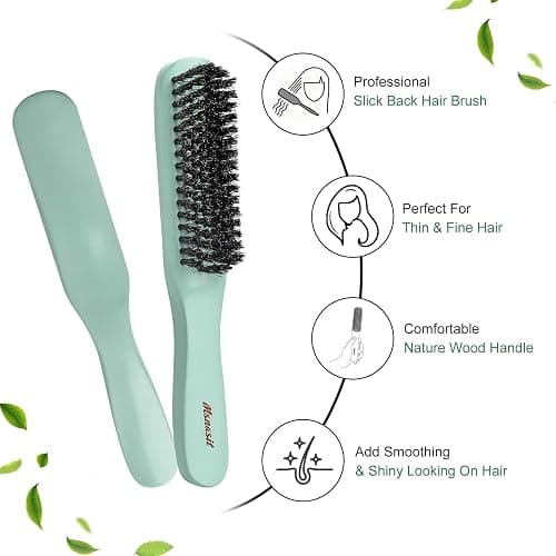 Slick Back Hair Brush, Professional Edge Control Brush, Middle Softness Boar Bristle Wooden Handle Hairbrush Smoothing Frizz & Flyaways, Natural Wood Comb for Thin and Fine Hair (Green) thumbnail 3