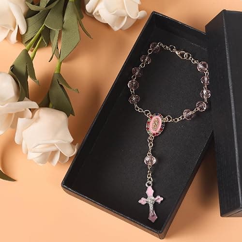 Car Rosary for Rearview Mirror Hanging - Pink Catholic Religious Devout Gift with Virgin Mary Charm and Crucifix, Ideal for Men & Women thumbnail 2