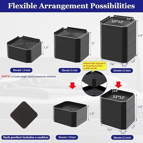 Bed Risers Heavy Duty, Adjustable Furniture Riser Blocks Lift 1.5, 3, 4.3 inches for Couch Table Desk Sofa Chair Legs, Refrigerator, Washing Machine - Support up to 4000 lbs (Black 4 Pack, 4.3 inch) thumbnail 2
