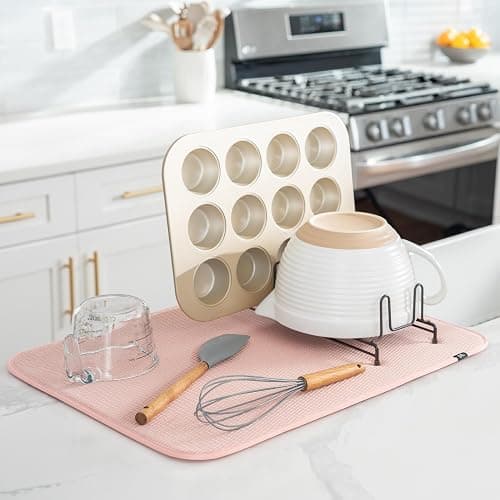 S&T INC. Dish Drying Mat XL, 18” x 24”, Absorbent Microfiber Kitchen Counter Mat, Drying Pad for Dishes, Utensils, Pots and Pans, Extra Large, Diamond Texture, Pink thumbnail 2