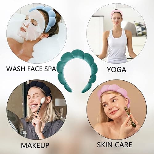 Luckybear Spa Headband for Washing Face, Velvet Makeup Headband, Bubble Skincare Head bands with Face Wash Wristbands Sponge Puff Head band for Women Skin Care - Green thumbnail 3