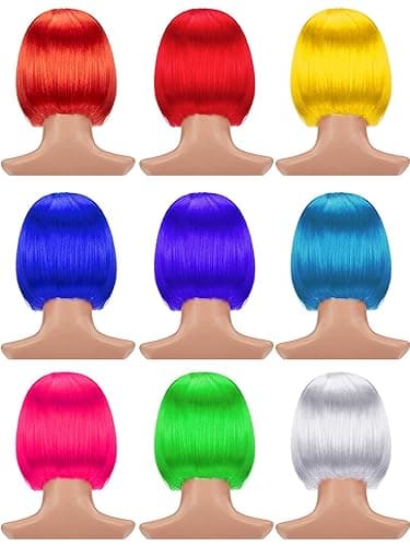 9 Pieces Short Bob Hair Wigs Multicolored Cosplay Costume Wig Daily Party Hairpiece for Women Girls (Orange, Green, Violet, White, Blue, Pink, Red, Yellow, Sky Blue) - Orange, Green, Violet, White, Blue, Pink, Red, Yellow, Sky Blue thumbnail 2