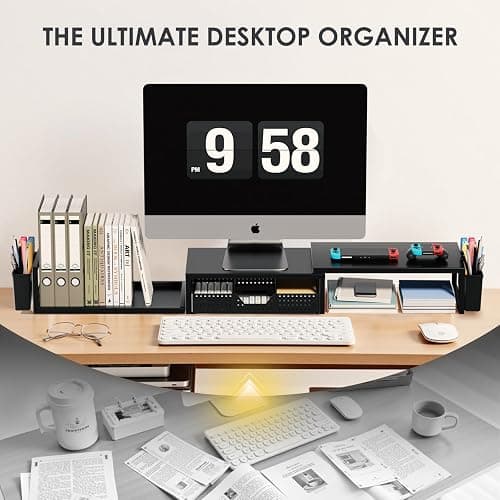 OPNICE Desk Organizers and Accessories, Dual Monitor Stand Riser with Drawer and 2 Pen Holders, Desk Shelf Metal Computer Racks for Office Workspace Organizers, Desktop Organization (Black) thumbnail 6