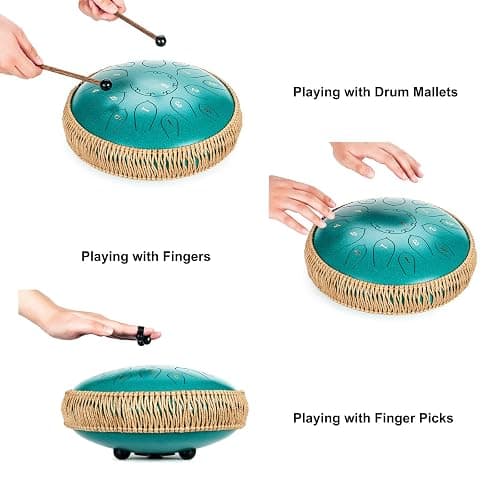 HOPWELL Steel Tongue Drum - 15 Note 12 Inch Tongue Drums - Percussion Instruments - Hand Pan Drum with Music Book, Drum Mallets and Carry Bag, D Major, Malachite Green thumbnail 4