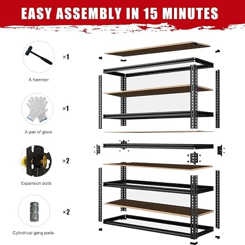 ZEUKMXOO 5-Tier Garage Storage Shelves, Heavy Duty Adjustable Shelving Unit, 60"H Garage Rack with 2400lbs Capacity, Metal Utility Shelves for Warehouse, Basement, Pantry, Tool Room, Home Organization thumbnail 5