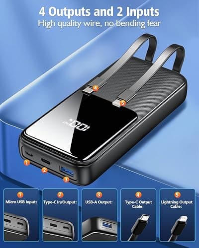 Power Bank Fast Charging, 15000mAh Portable Charger with Built-in Cables, USB-C Powerbank with LED Display & 4 Outputs, Battery Pack Compatible with iPhone 17 16 15 14 13 Android and more, Black thumbnail 4