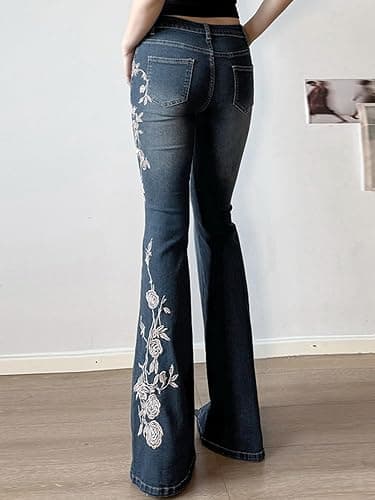 Women Bell Bottom Jeans Stretchy Flare Mid Rise Embroidery Vintage Denim Pants 90s Outfits Y2k Clothes thumbnail 4