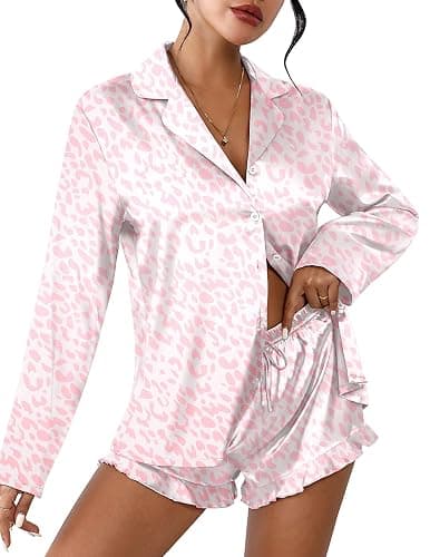Ekouaer Womens Satin Pajama Sets Long Sleeve Top and Shorts Lounge Set Button Down Sleepwear - Image 1