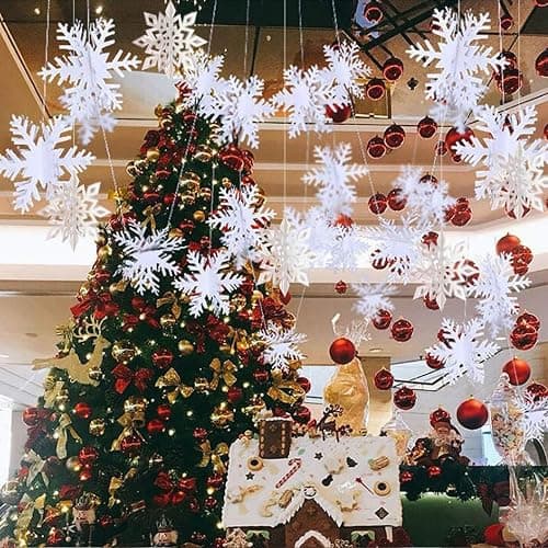 OuMuaMua Winter Christmas Hanging Snowflake Decorations, 12PCS Snowflakes Garland & 12PCS 3D Glittery Large White Snowflake for Christmas Winter Wonderland Holiday New Year Party Home Decorations thumbnail 5
