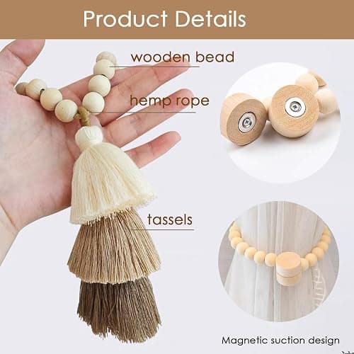 SRG Curtain Tiebacks for Curtains 2 Pack, Decorative Magnetic Curtain Holdbacks for Drapes, Handmade Tie Backs No Drilling for Home Bedroom Window Decor – Wood Bead thumbnail 4