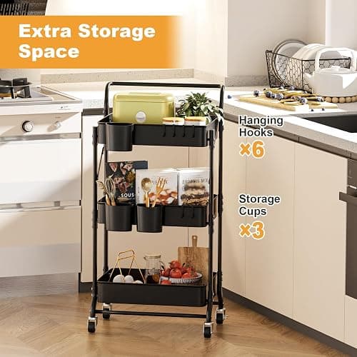 3 Tier Foldable Rolling Cart with Wheels, Folding Utility Cart Organizer, Collapsible Rolling Storage Cart with 3 Hanging Cups & 6 Hooks for Kitchen, Office, Nursery(Black) thumbnail 4