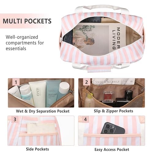 Bosidu Stripe Weekender Overnight Bags for Women - 2Pcs Carry On Travel Duffle Bag with Shoe Compartment - Pink thumbnail 3