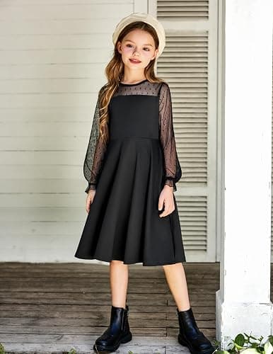 Arshiner Girl's Contrast Mesh Puff Long Sleeve High Waist A Line Short Dress with Pockets for 6-13 Years thumbnail 8