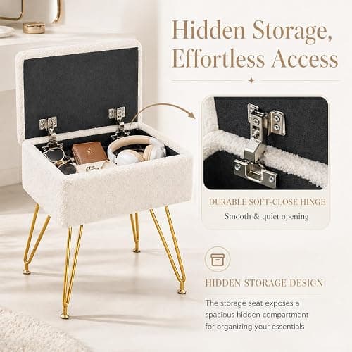 Alessing Vanity Stool Chair Ottoman with Storage, Sherpa Vanity Chair for Makeup Room, Rectangle Vanity Stools with Metal Legs, Soft Makeup Stool Footrest Footstools for Bedroom Living Room, White thumbnail 3
