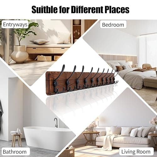 Gohiuo Rustic 38.6" Large Coat Rack Wall Mount, Long Wood Coat Hooks with 10 Triple Hooks, Heavy Duty Wooden Coat Hanger Wall Mount for Entryway, Farmhouse Hanging Jackets, Coats, Hats, Bags,Towel thumbnail 7