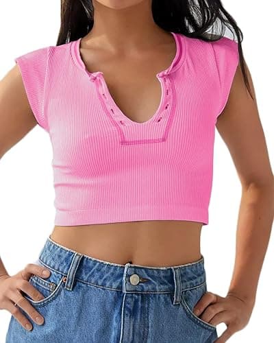Beumissy Women's Crop Top Crew Neck T-Shirt Short Sleeve Ribbed Knit Basic Crop Tank Top - Image 1