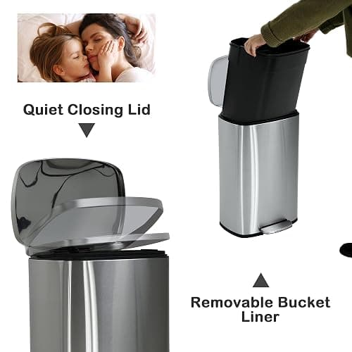 BIQWBIC 50 Liter / 13 Gallon Kitchen Trash Can, Stainless Steel with Lid, Foot Pedal and Inner Bucket, Fingerprint-Resistant Soft Close Lid Garbage Can, Odor Proof and Hygienic - Stainless Steel thumbnail 3